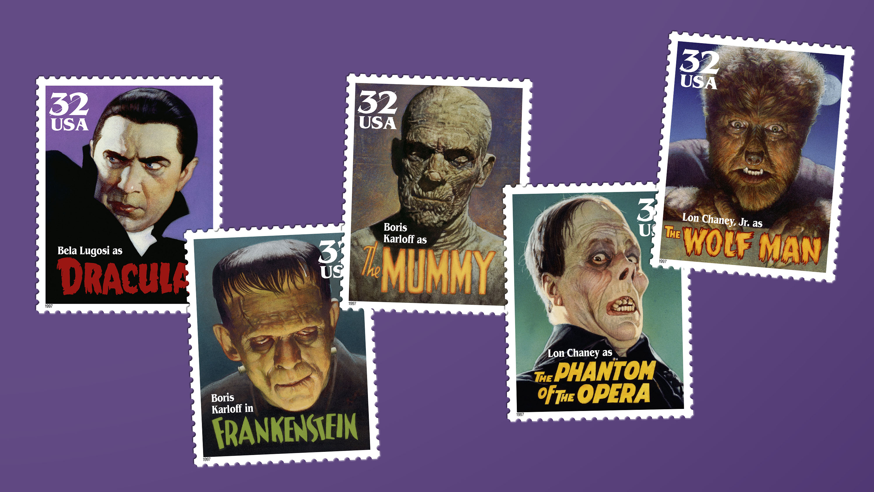 3623 外国切手 アメリカ 1997年 クラシック映画モンスター 妖怪 5連刷 Classic Movie Monsters — Stamps Forever